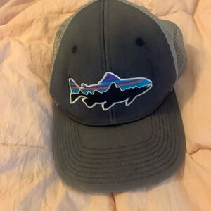 Patagonia fish hat cap.embroidered logo. Faded, vintage look. Navy gray.